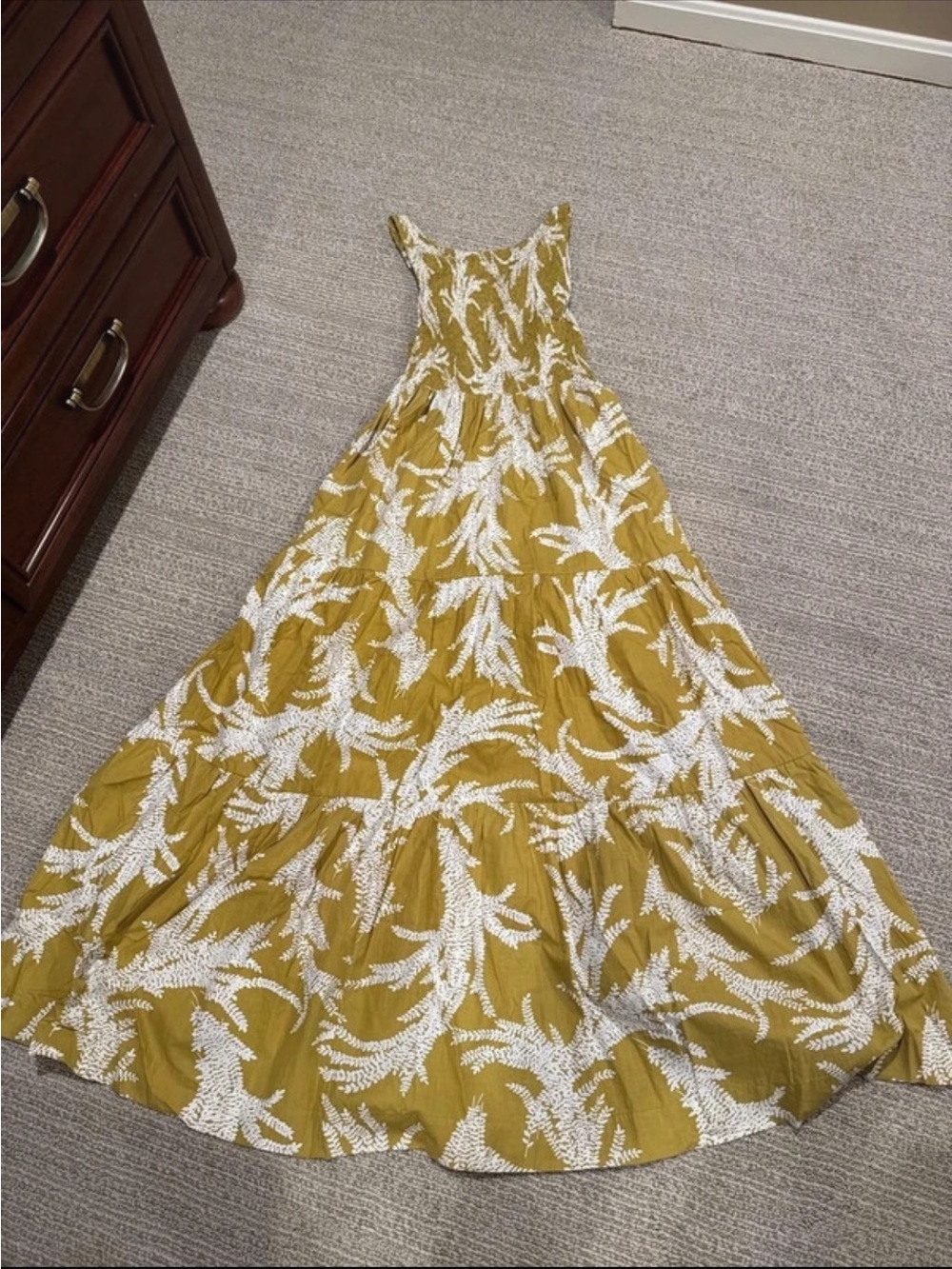 S/W/F Mustard Yellow Maxi Dress with White Leaf Pattern